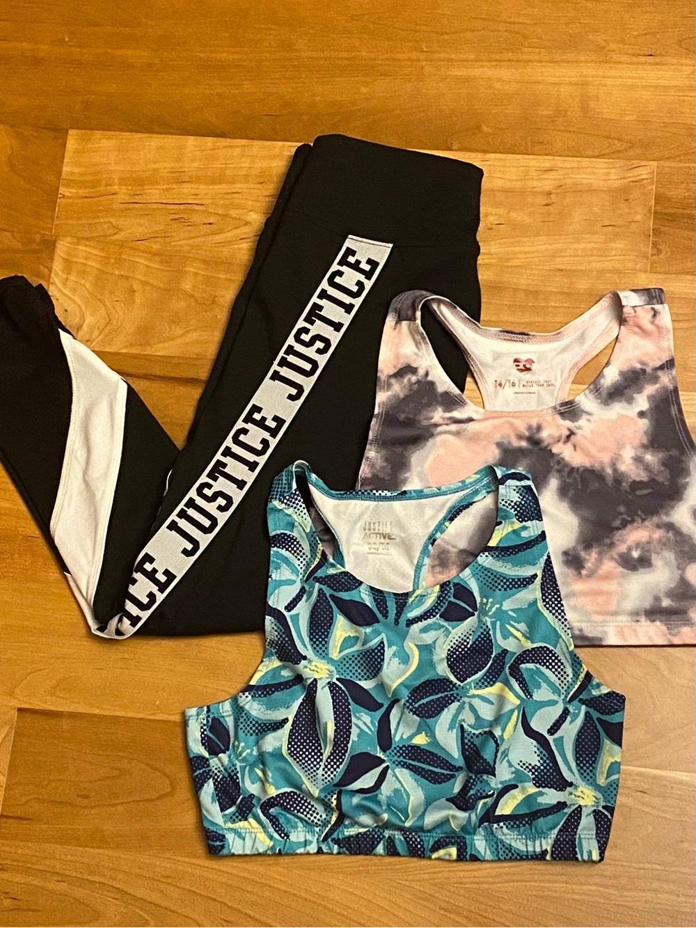 Justice Girls’ BUNDLE - Teal Floral and Pink Tie-Dye Sports Bras with Leggings